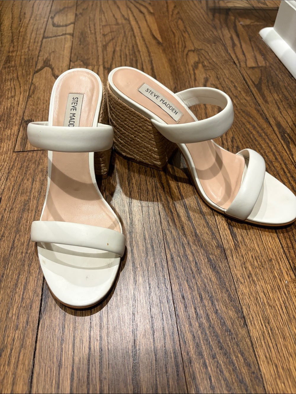Steve Madden Cream Double-Strap Wedge Sandals with Woven Platform